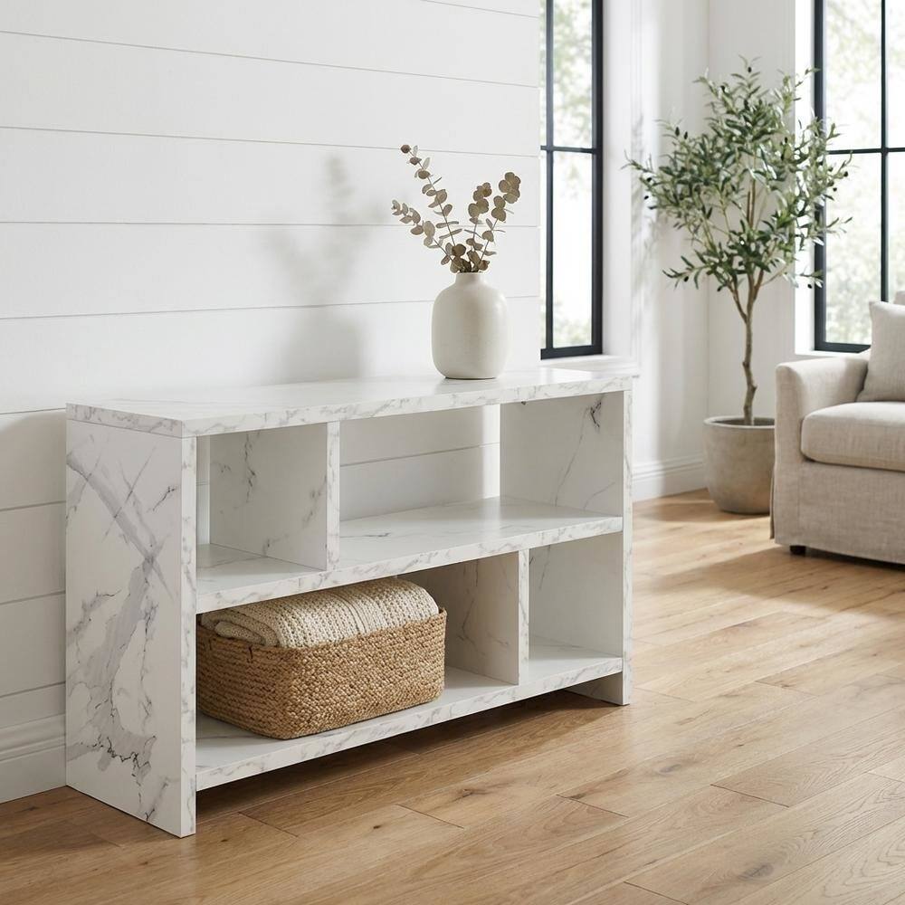 Alt View 1. FurniFact - White Faux Marble TV Stand Console with Shelves and Hollow Core Material - White.