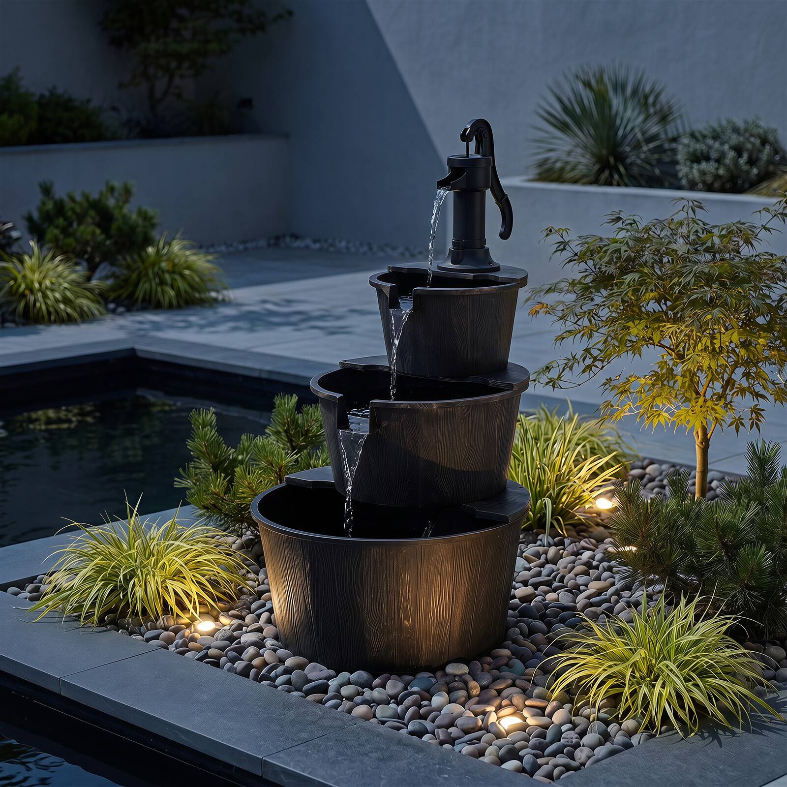 Alt View 5. Costway - Costway 3-Tier Outdoor Barrel Waterfall Fountain with Cascading Water Flow & Electric Pump - Bronze & Black.