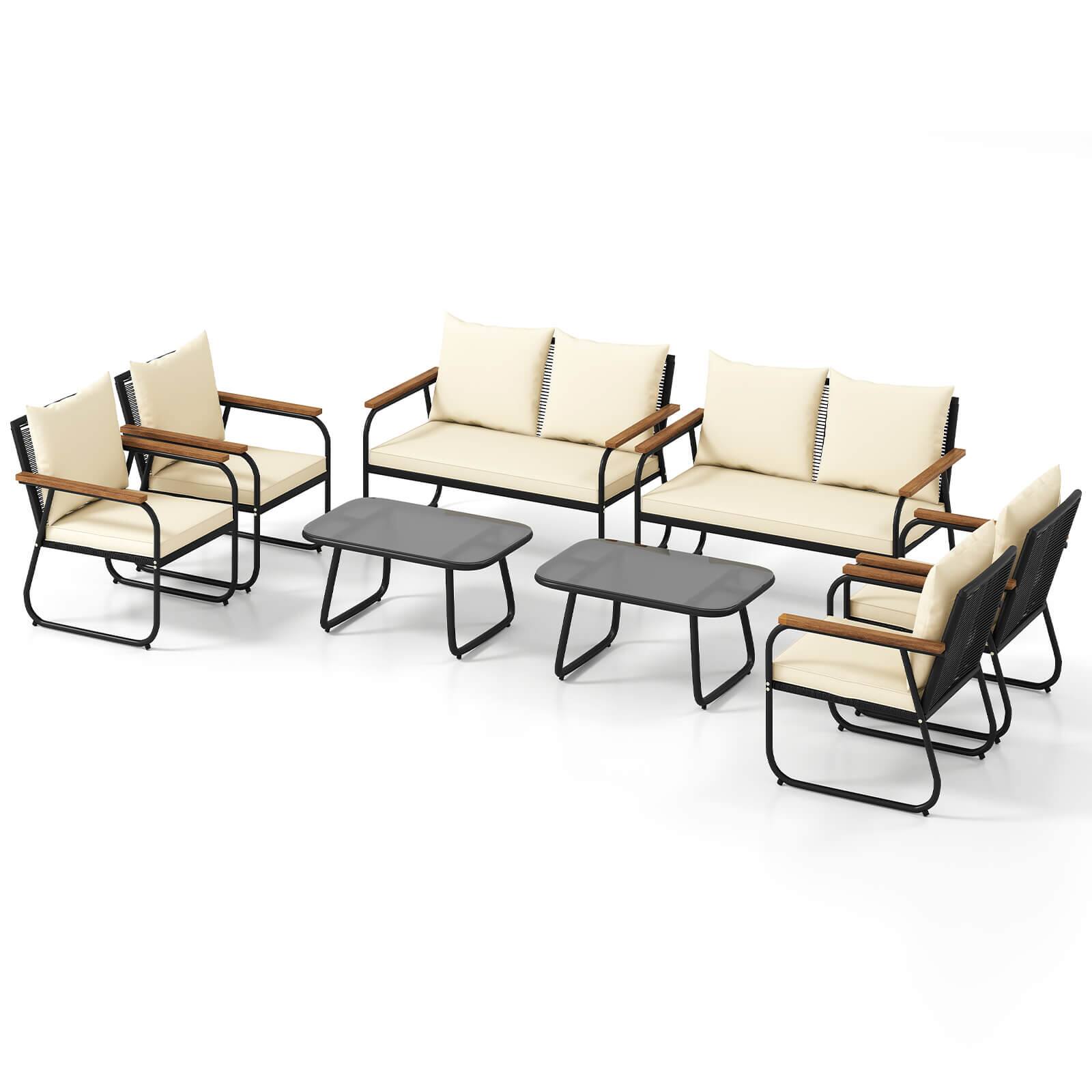 Alt View 5. Gymax - Gymax Set Of 8 Patio Furniture Set w/Tempered Glass Coffee Table PE Wicker Rattan Chairs - White.
