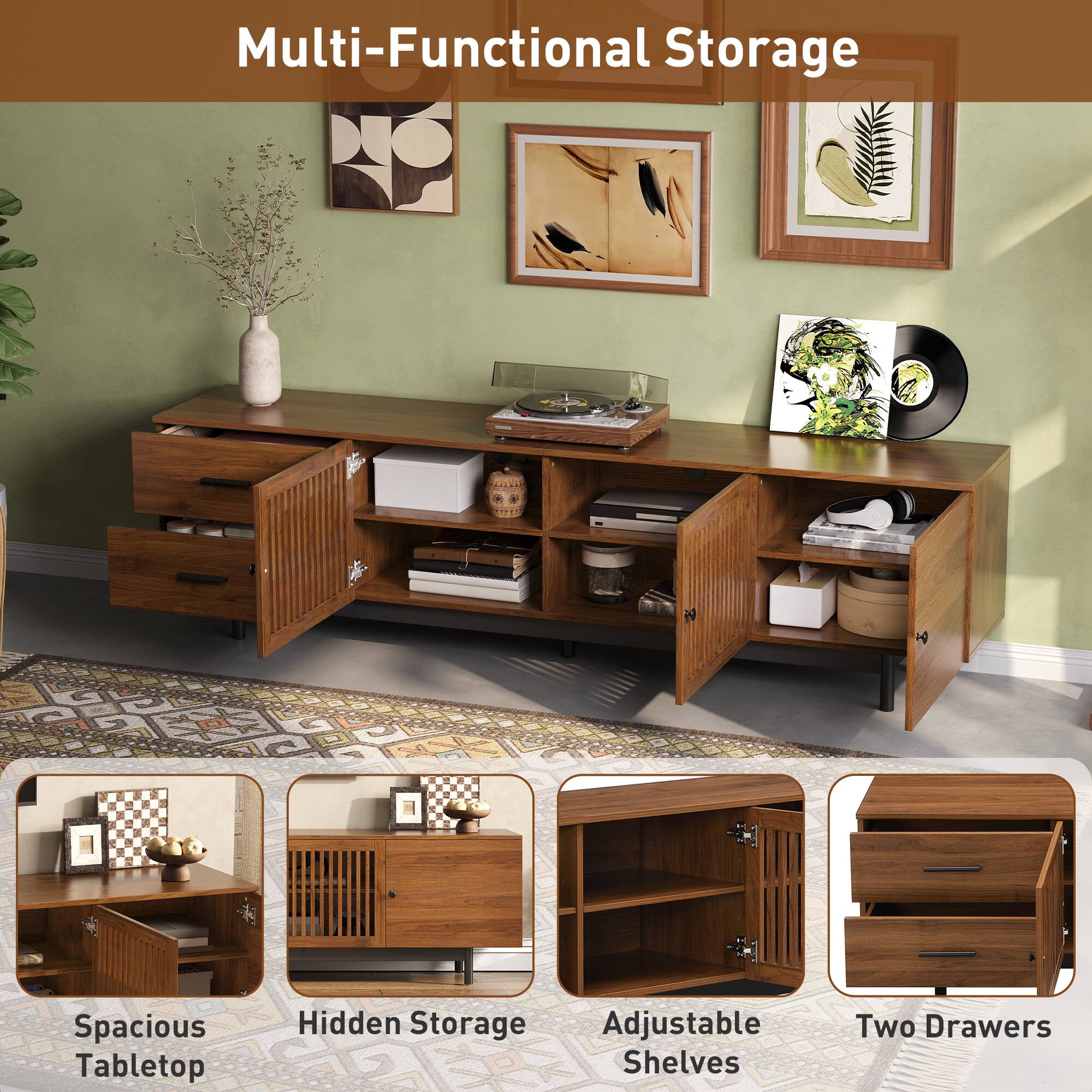 Multi-Functional Storage

Spacious Tabletop

Hidden Storage

Adjustable Shelves

Two Drawers