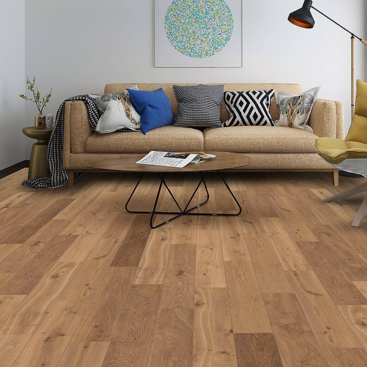 Left. Dotfloor - Superoak Lite Laminate Flooring - 48"x7.7" Planks, 10 Planks/Box (25.6 sq ft/Box), 9.5mm Thick, AC4 Wear Rating - Natural Hickory.