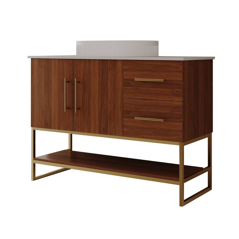 Alt View 6. Loheer - Loheer 36 inch Modern Bathroom Vanity Walnut Freestanding Cabinet with Ceramic Vessel Sink - Walnut, Gold, White.