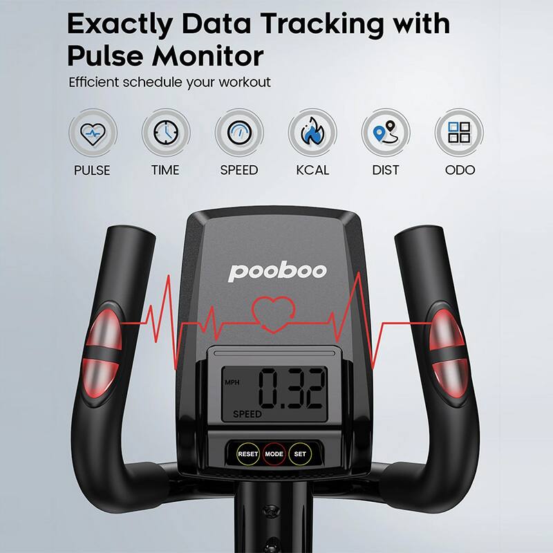 Exactly Data Tracking with Pulse Monitor  
Efficient schedule your workout  

PULSE TIME SPEED KCAL DIST ODO  

0.32 MPH  
SPEED RESET MODE SET