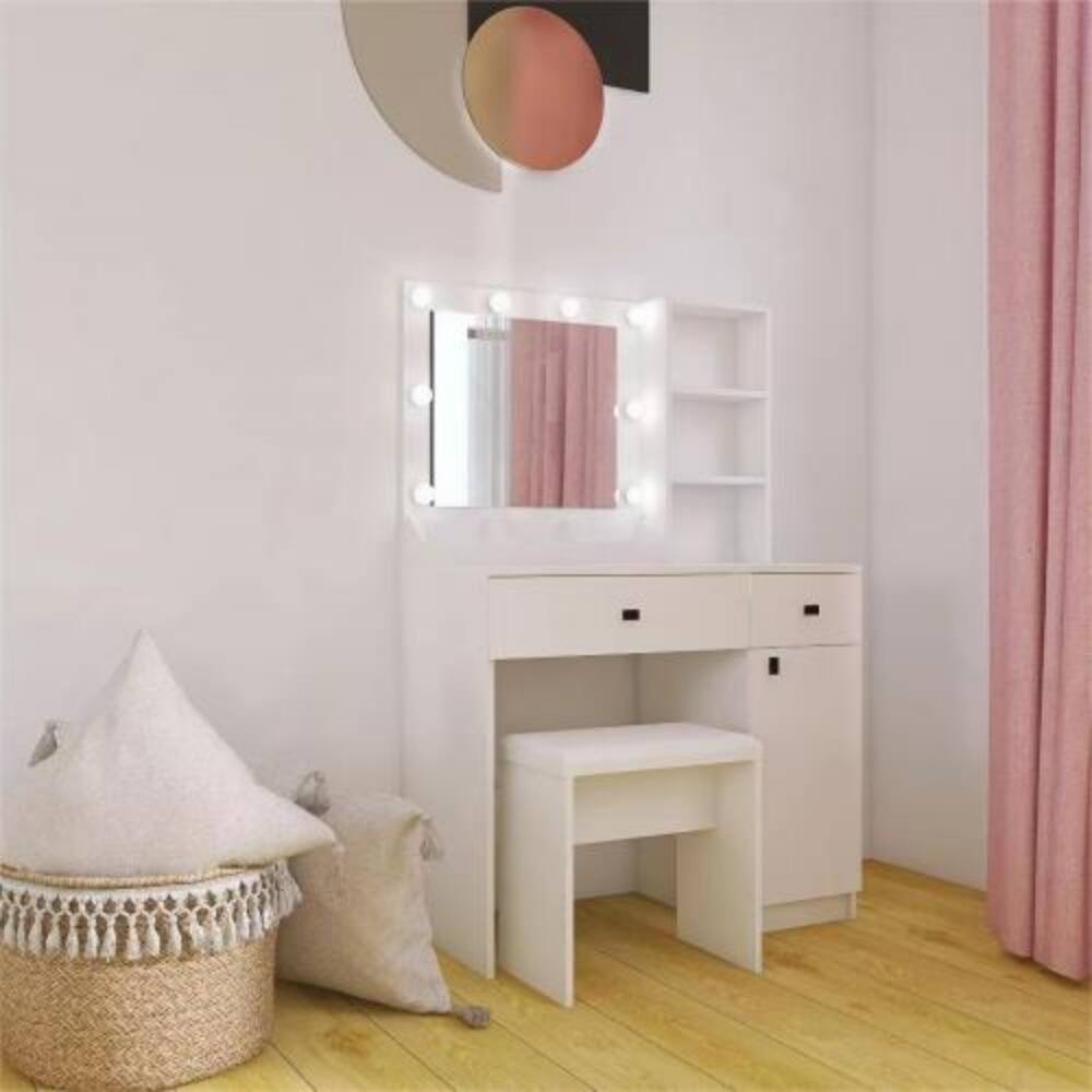 Alt View 3. LUCKY ONE - Vanity Desk with LED Mirror, Large Drawers, Three Level Storage and Stool for Bedroom - White.