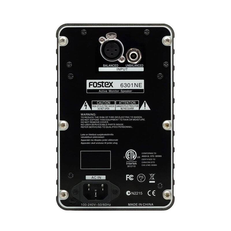 DUSH BALANCED UNBALANCED INPUT  
Fostex 6301NE Active Monitor Speaker  

CAUTION ATTENTION  
RISK OF ELECTRIC SHOCK DANGER NE PAS OUVRIR  

WARNING: TO REDUCE THE RISK OF FIRE OR ELECTRIC SHOCK, DO NOT EXPOSE THIS EQUIPMENT TO RAIN OR MOISTURE. DO NOT REMOVE COVER. NO USER SERVICEABLE PARTS INSIDE. REFER SERVICING TO QUALIFIED PERSONNEL.  

Late on Sdellva sucjakoskettmila varussemun pistoracan  
Apparatet ma tikopies pordet skkontake  
Apparaten shal anstutas  

CONF ORMS TO C ET US ANSUL STD 80065  
CERTIFIED TO CANICSA S1D Intertek  
CaP. NO GOOES 3012110  

AC IN  
FC PS E  
N2215  
100-240V-50/60Hz  
MADE IN CHINA