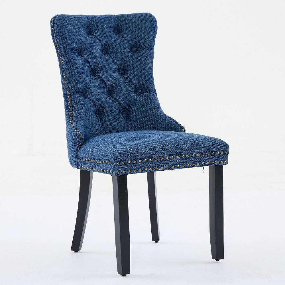 Left. Loheer - Loheer Blue Linen Dining Chairs Set of 2 Tufted Upholstered High Back Solid Wood Legs Nailhead Trim Modern Contemporary - Blue.