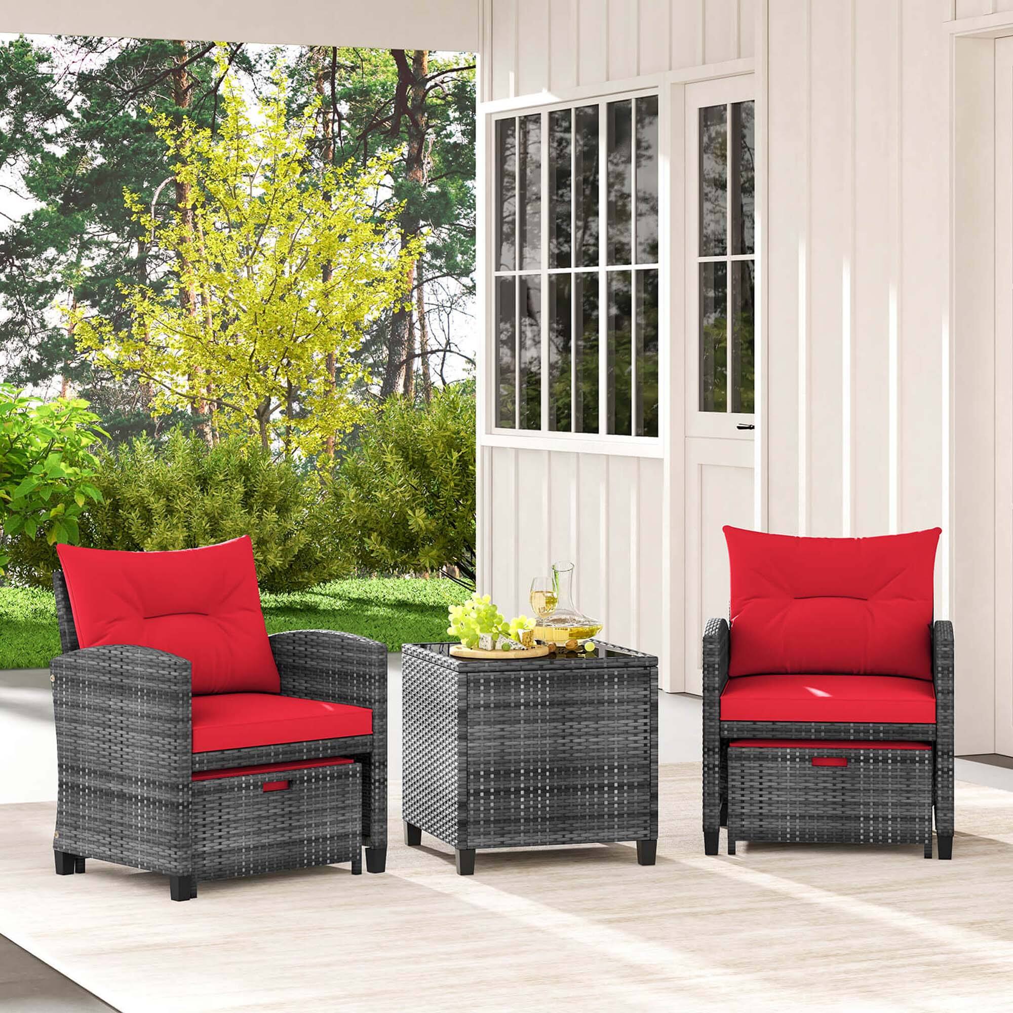 Alt View 3. Costway - Costway 5 Piece Patio Rattan Furniture with 2 Ottomans & Tempered Glass Coffee Table - Red.