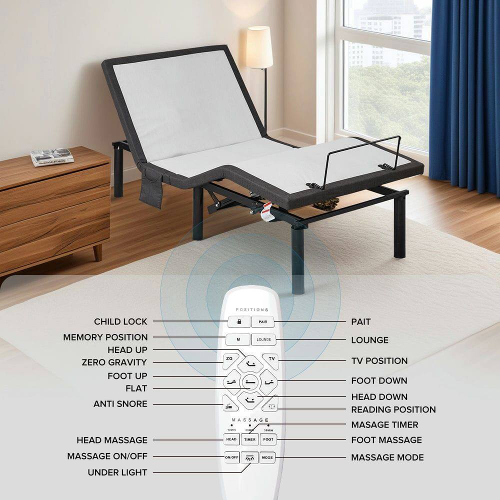 POSITIONS  
CHILD LOCK  
MEMORY POSITION  
HEAD UP  
ZERO GRAVITY  
FOOT UP  
FLAT  
ANTI SNORE  
HEAD MASSAGE  
MASSAGE ON/OFF  
UNDER LIGHT  

PAIT  
LOUNGE  
TV POSITION  
FOOT DOWN  
HEAD DOWN  
READING POSITION  
MASSAGE TIMER  
FOOT MASSAGE  
MASSAGE MODE