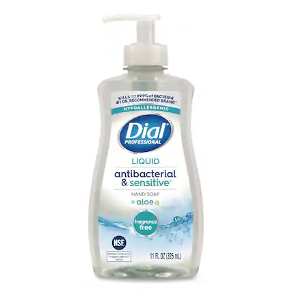 Dial Professional Liquid Antibacterial & Sensitive Hand Soap + Aloe, Fragrance Free
Kills 99.9% of Bacteria
#1 Dr. Recommended Brand
Hypoallergenic
NSF Nonfood Compounds Program Listed E2
11 FL OZ (325 mL)