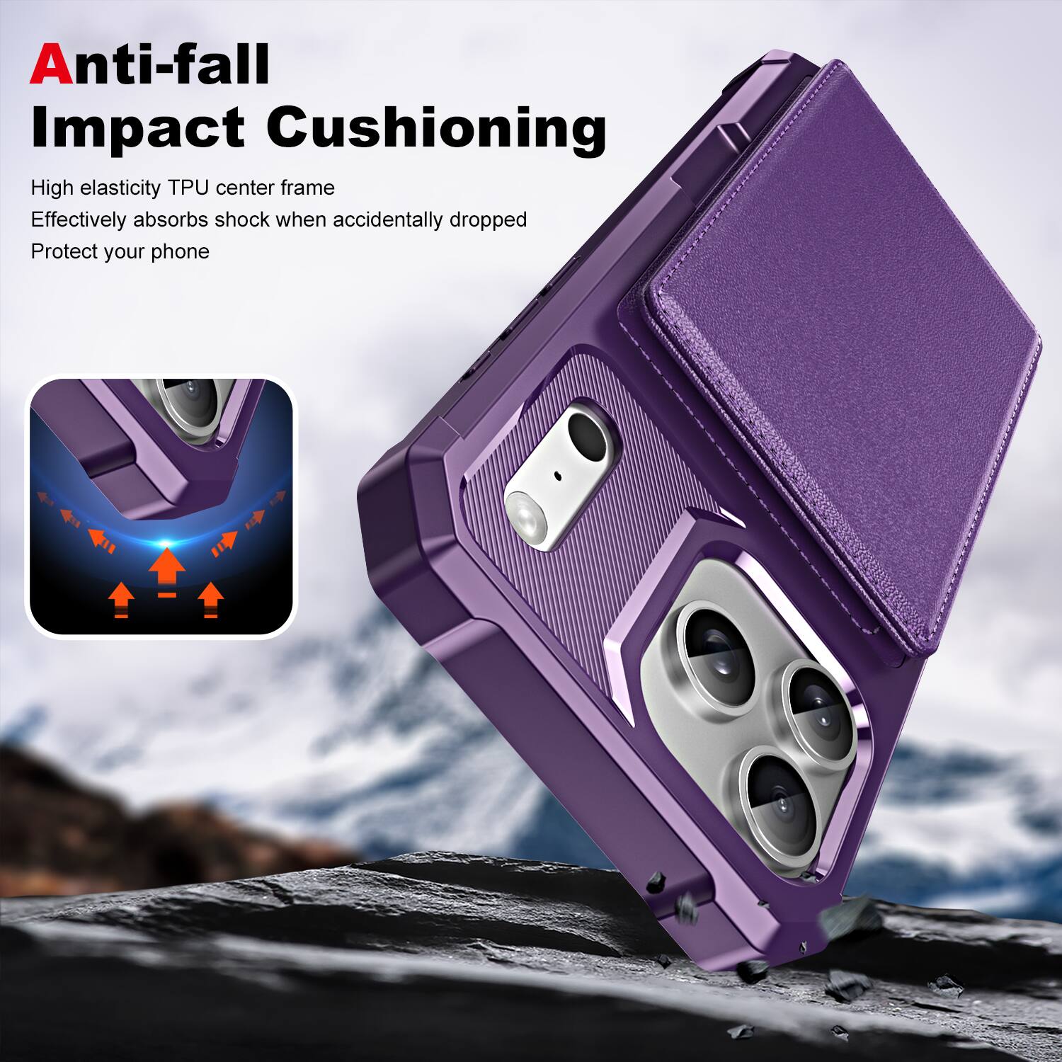 Anti-fall Impact Cushioning

High elasticity TPU center frame  
Effectively absorbs shock when accidentally dropped  
Protect your phone