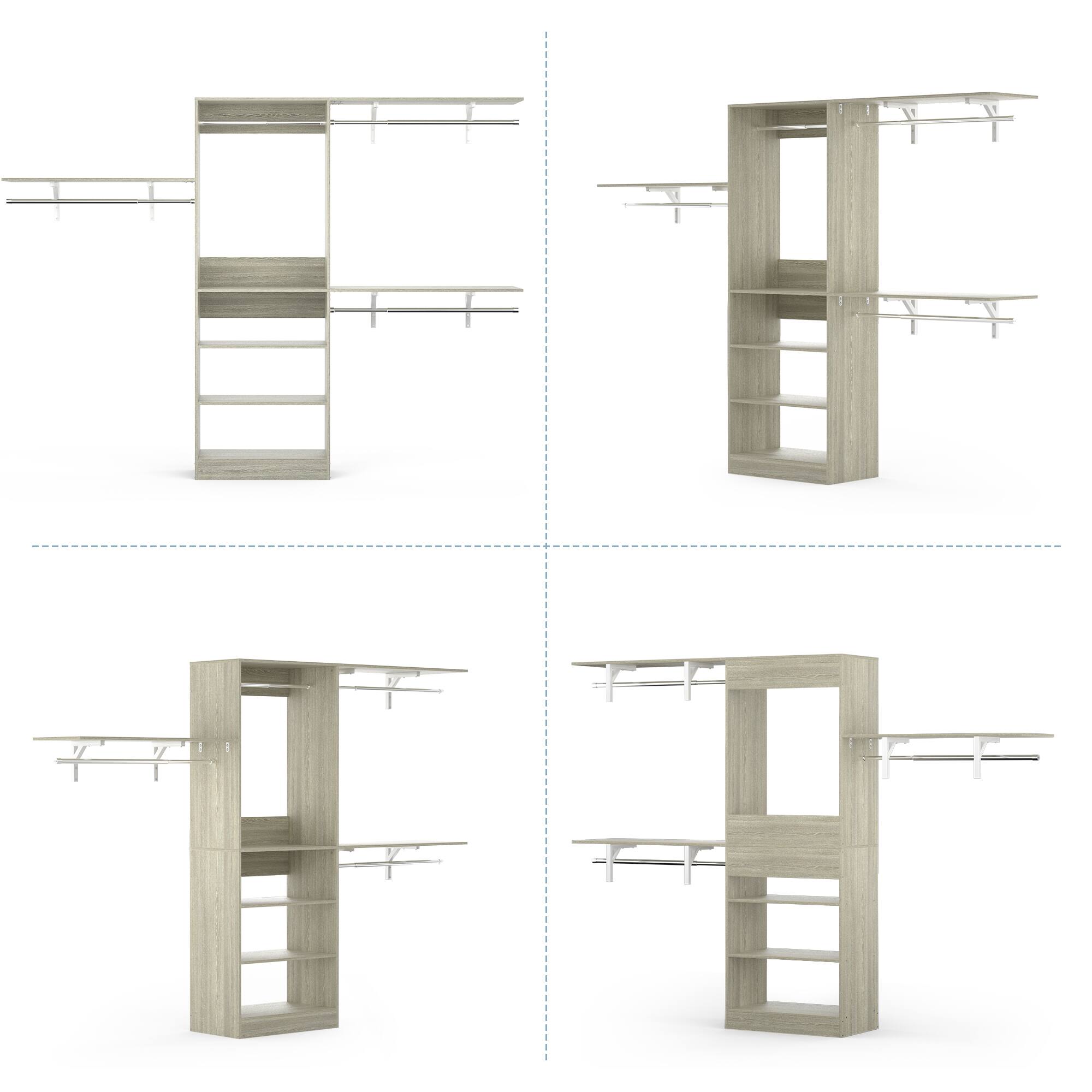 Back. Aheaplus - 8FT Wall Mounted Closet System, 96'' Closet Organizer with 3 Shelving Towers, 3 Hanging Rods and Shelves, Cut to Fit - Beige Oak.