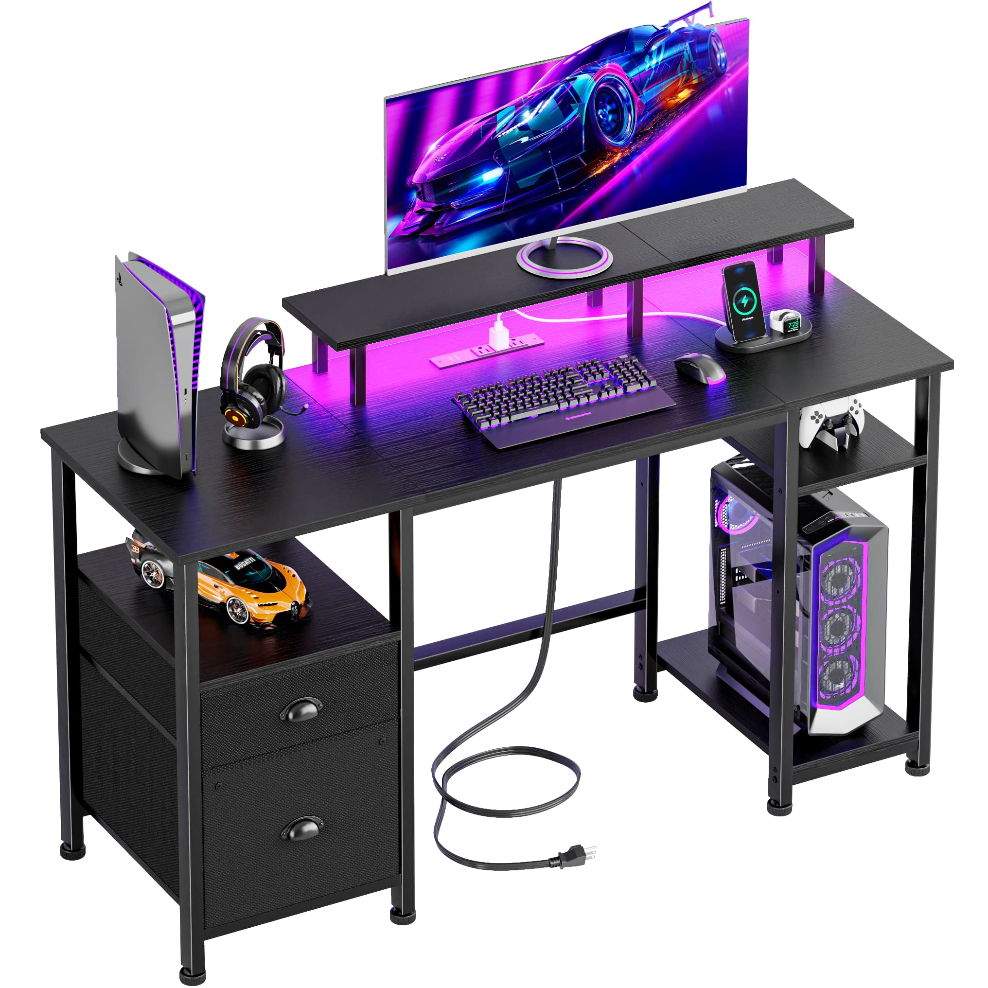 Furnulem - Computer Desk With Led Lights And Power Outlets Gaming Desk With Monitor StandHome Office Writing Desk With Storage - Black