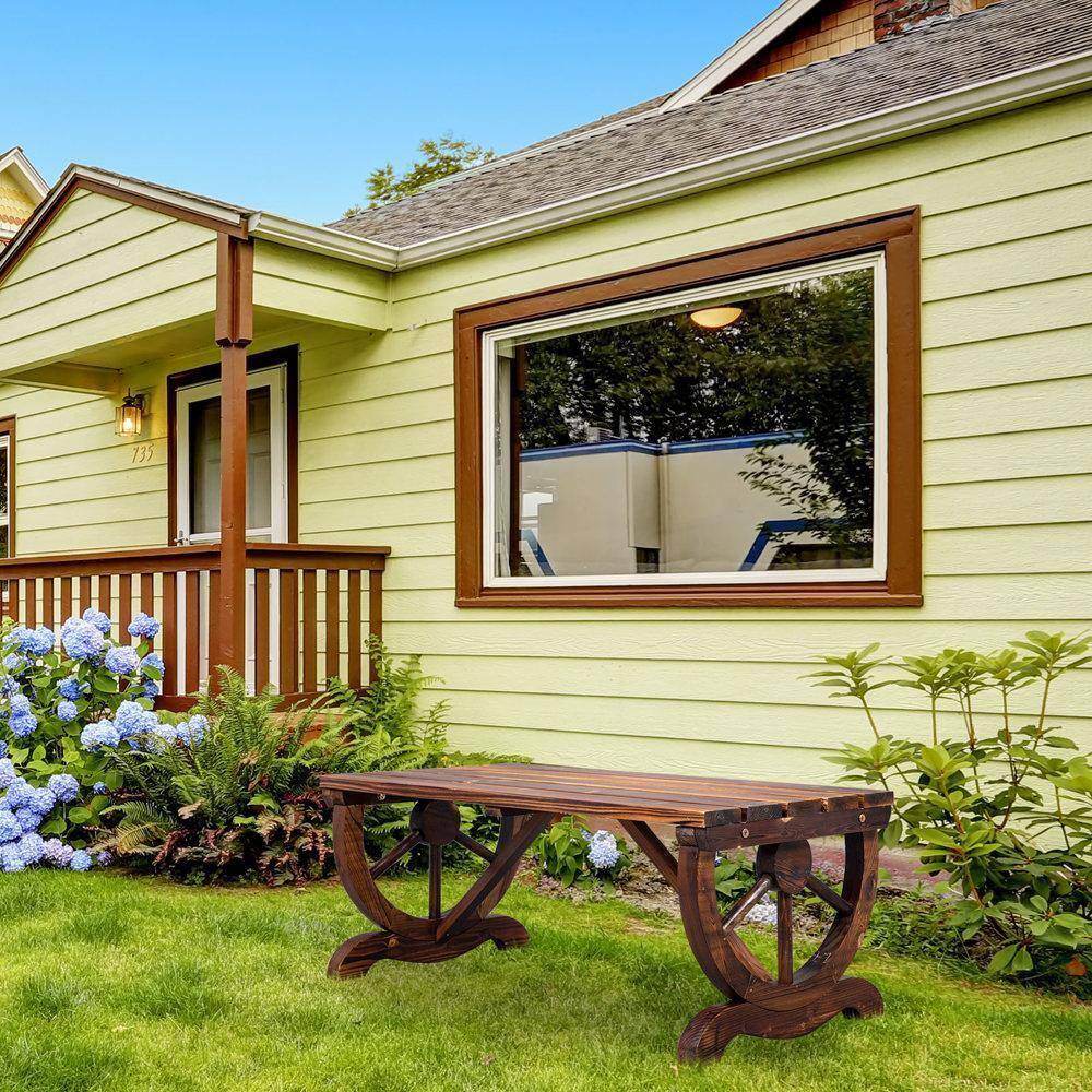 Alt View 2. Winado - 38.5in Wooden Bench Patio Chair with Wagon Wheel Legs Backless Garden Furniture for Backyard Park Porch Indoor Outdoor - Carbonized.