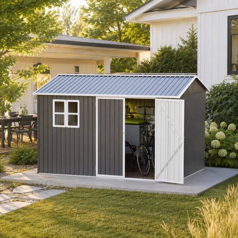 Angle. RYHNUYNE - 10x8 ft Steel Shed Translucent Window Lockable Doors Sloped Roof Weatherproof Dark Gray - Gray.