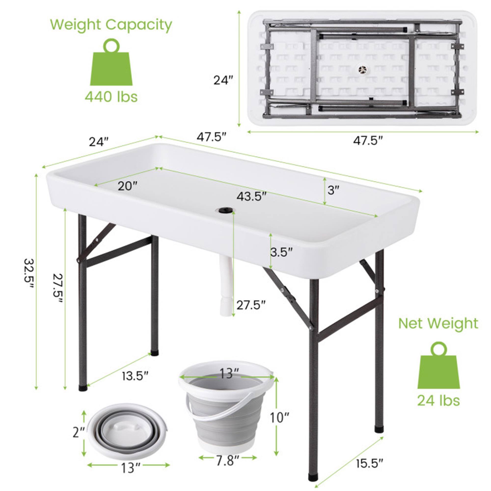 Weight Capacity: 440 lbs  
Dimensions:  
- Length: 47.5"  
- Width: 24"  
- Height: 32.5"  
- Drainage Hole: 3"  
- Legs: 27.5" (front), 32.5" (back)  
- Net Weight: 24 lbs  
- Drain Bucket: 13" (diameter), 7.8" (height), 10" (depth)  
- Base: 13.5" (width), 15.5" (depth)