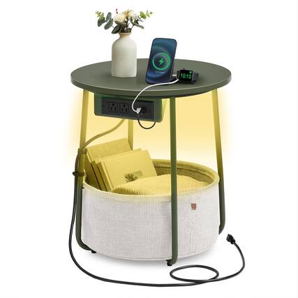 Front. JETRANSPORT - Lilea Collection - Small Round Side End Table Modern Nightstand With Fabric Basket Matte White And Camel Brow - Forest Green + Cream White Round With LED lig.