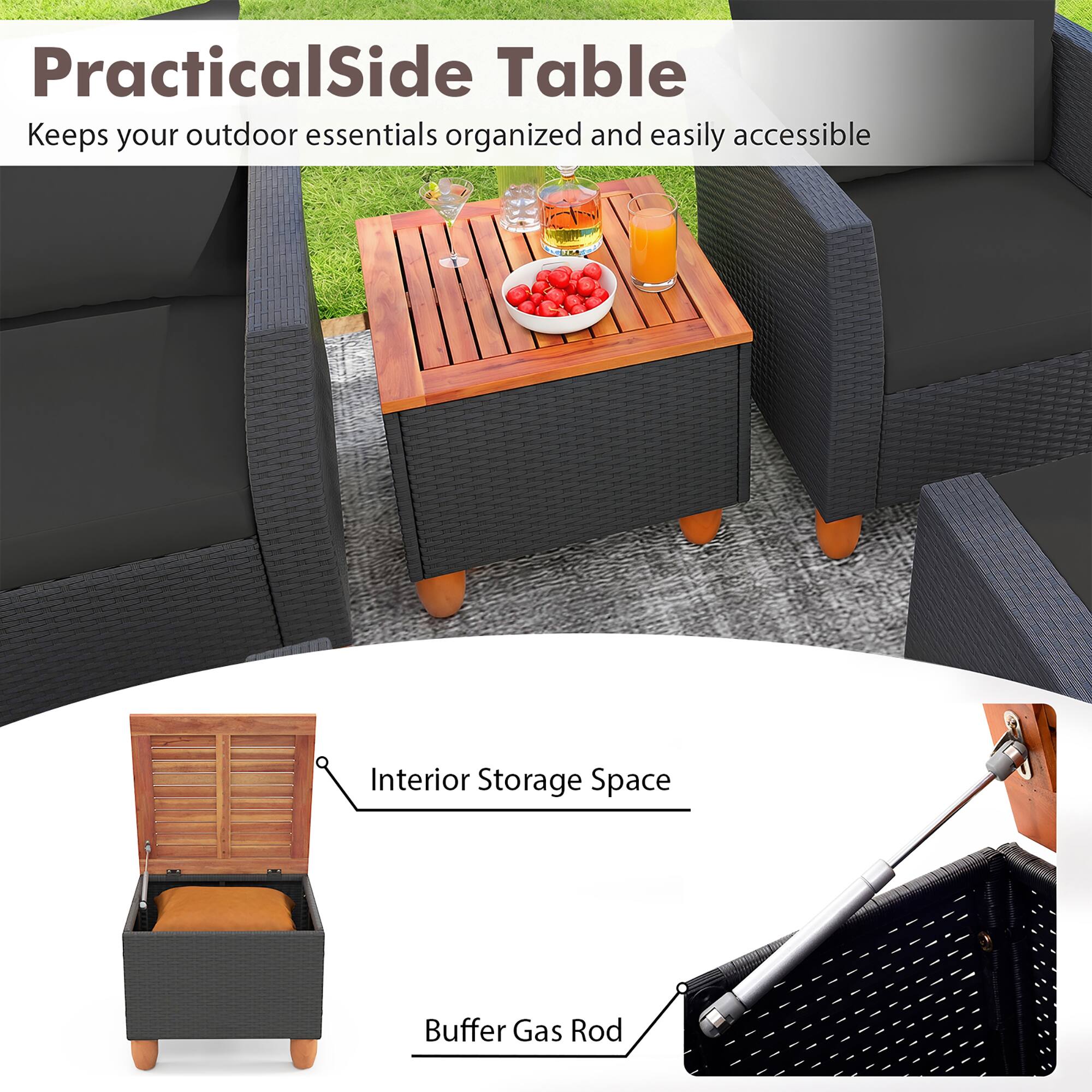 Practical Side Table  
Keeps your outdoor essentials organized and easily accessible  

Interior Storage Space  
Buffer Gas Rod