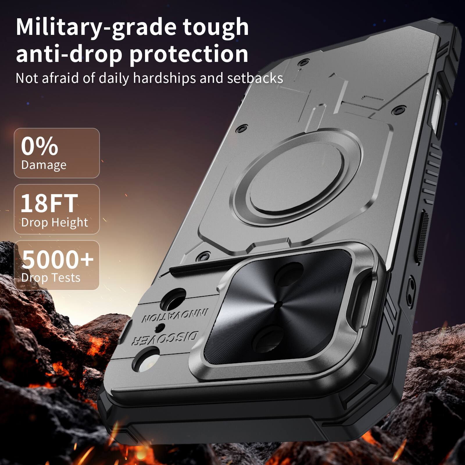 Military-grade tough anti-drop protection  
Not afraid of daily hardships and setbacks  

0% Damage  
18FT Drop Height  
5000+ Drop Tests  

MOITAVONNI DISCOVER