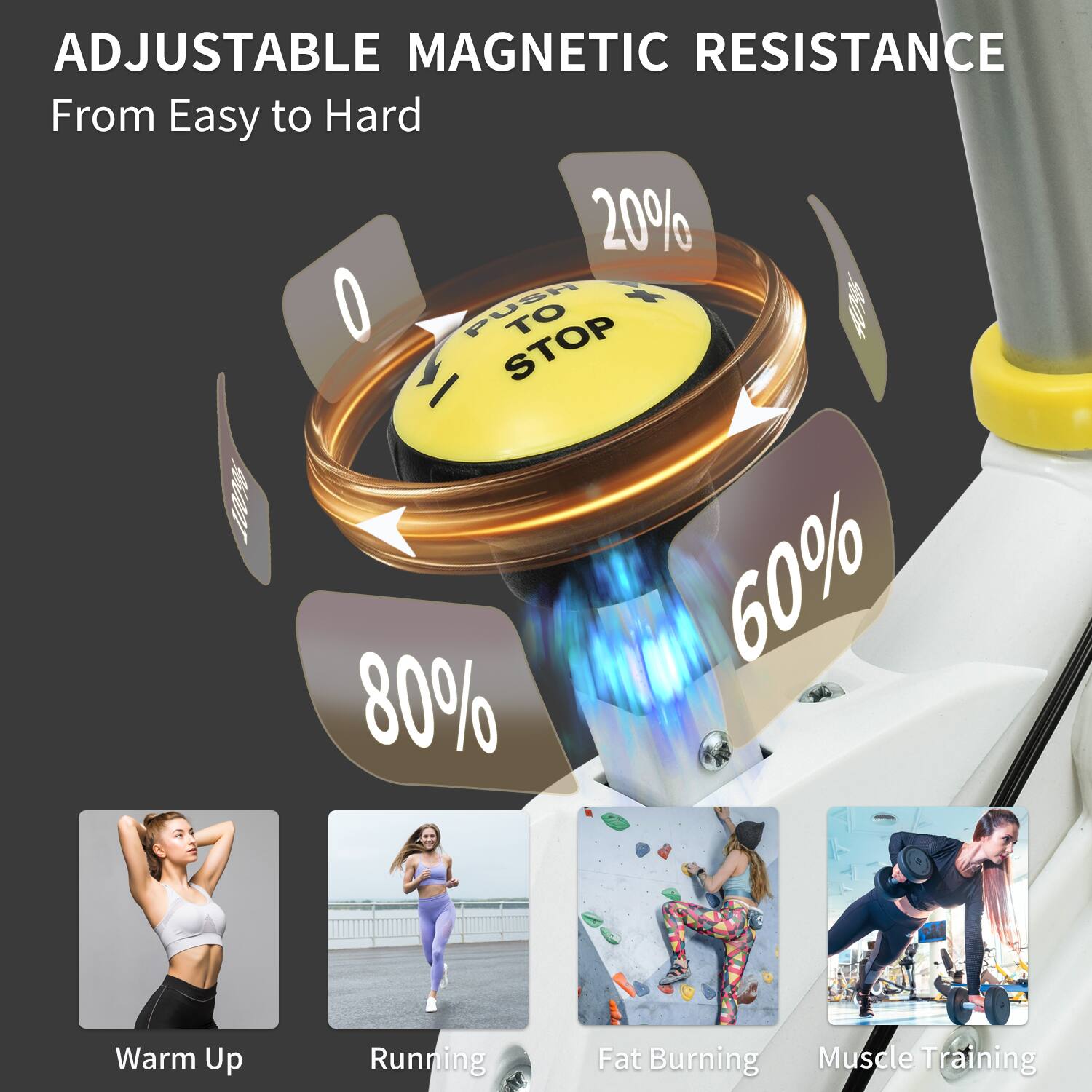ADJUSTABLE MAGNETIC RESISTANCE  
From Easy to Hard  

0%  
20%  
60%  
80%  

Warm Up  
Running  
Fat Burning  
Muscle Training