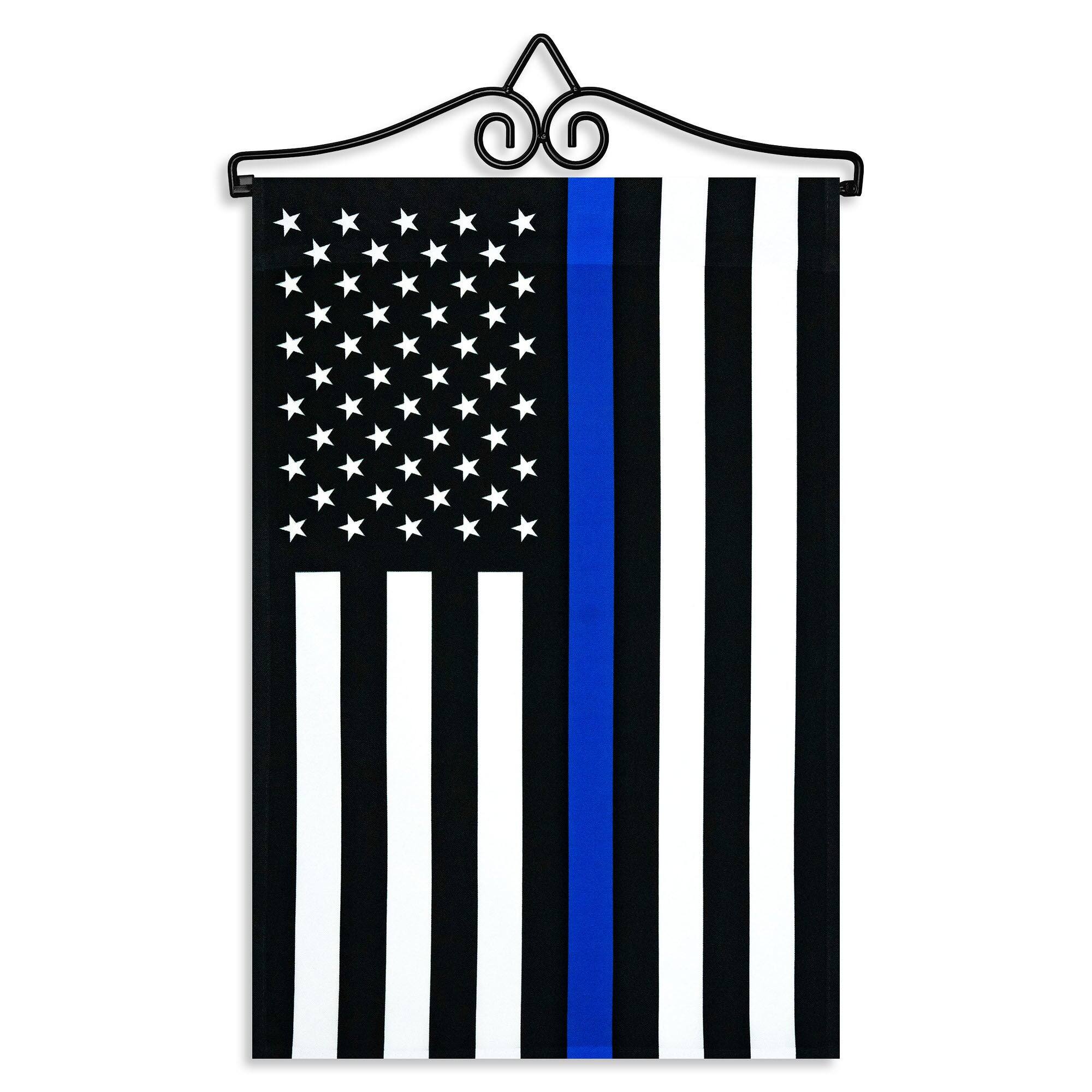 Front. G128 - Combo Garden Flag Hanger 14 in with 12 x 18 in Printed 150D Polyester Flag. - Black, White, Blue.