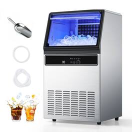 Glintex - Commercial Ice Maker, 130 lb/Day, 33 lb Bin, 45 Cubes/Cycle, Self-Cleaning, LED Display, Under-Counter - Silver