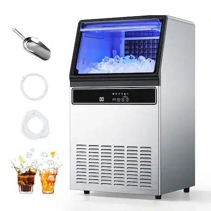 Front. Glintex - Commercial Ice Maker, 130 lb/Day, 33 lb Bin, 45 Cubes/Cycle, Self-Cleaning, LED Display, Under-Counter - Silver.