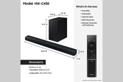 Samsung - HW-C450 2.1 Channel B-Series Soundbar with Wireless Subwoofer, DTS Virtual: X - Titan Black