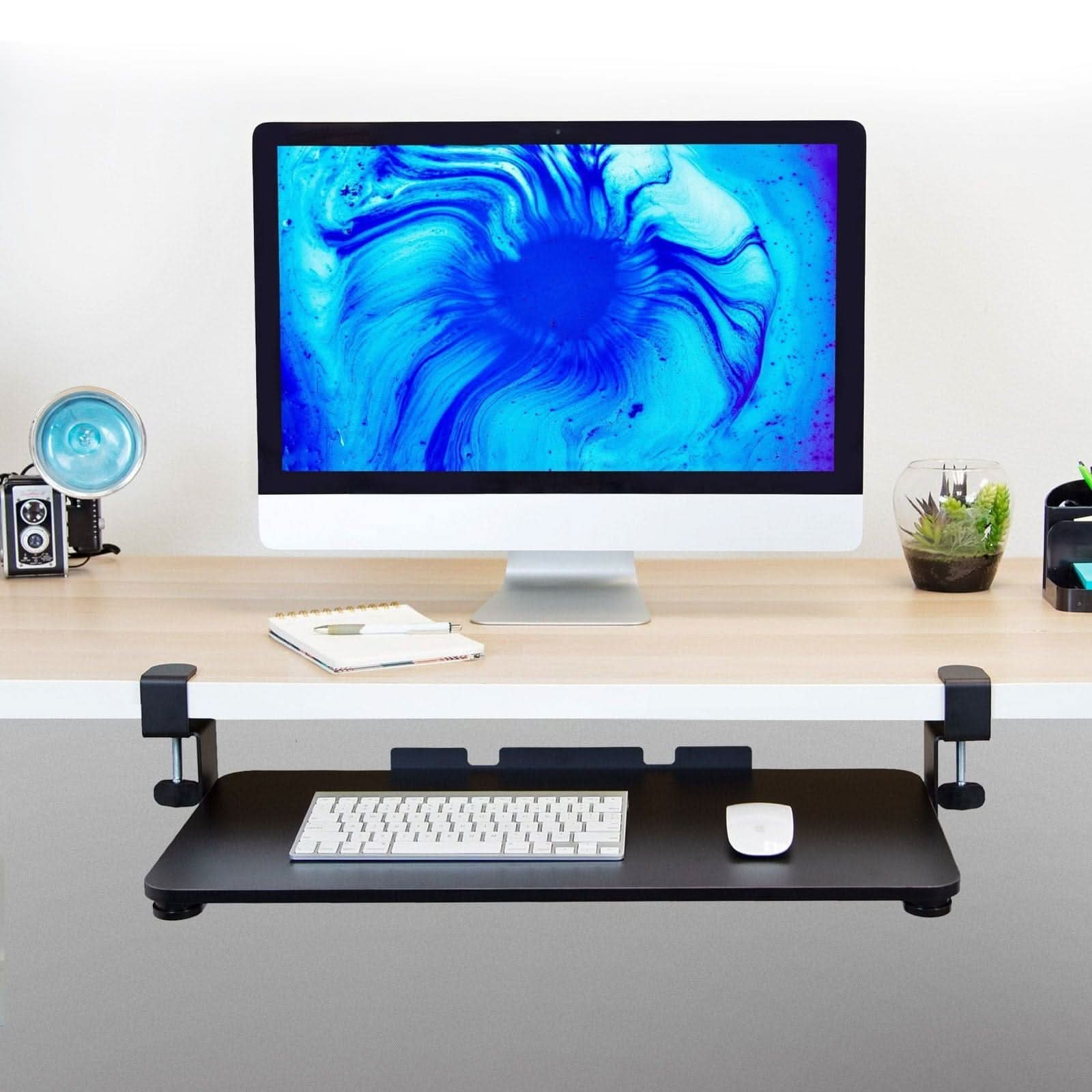 Left. Mount-It! - Adjustable Keyboard and Mouse Tray Clamp – Ergonomic Under-Desk Platform, Black - Black.