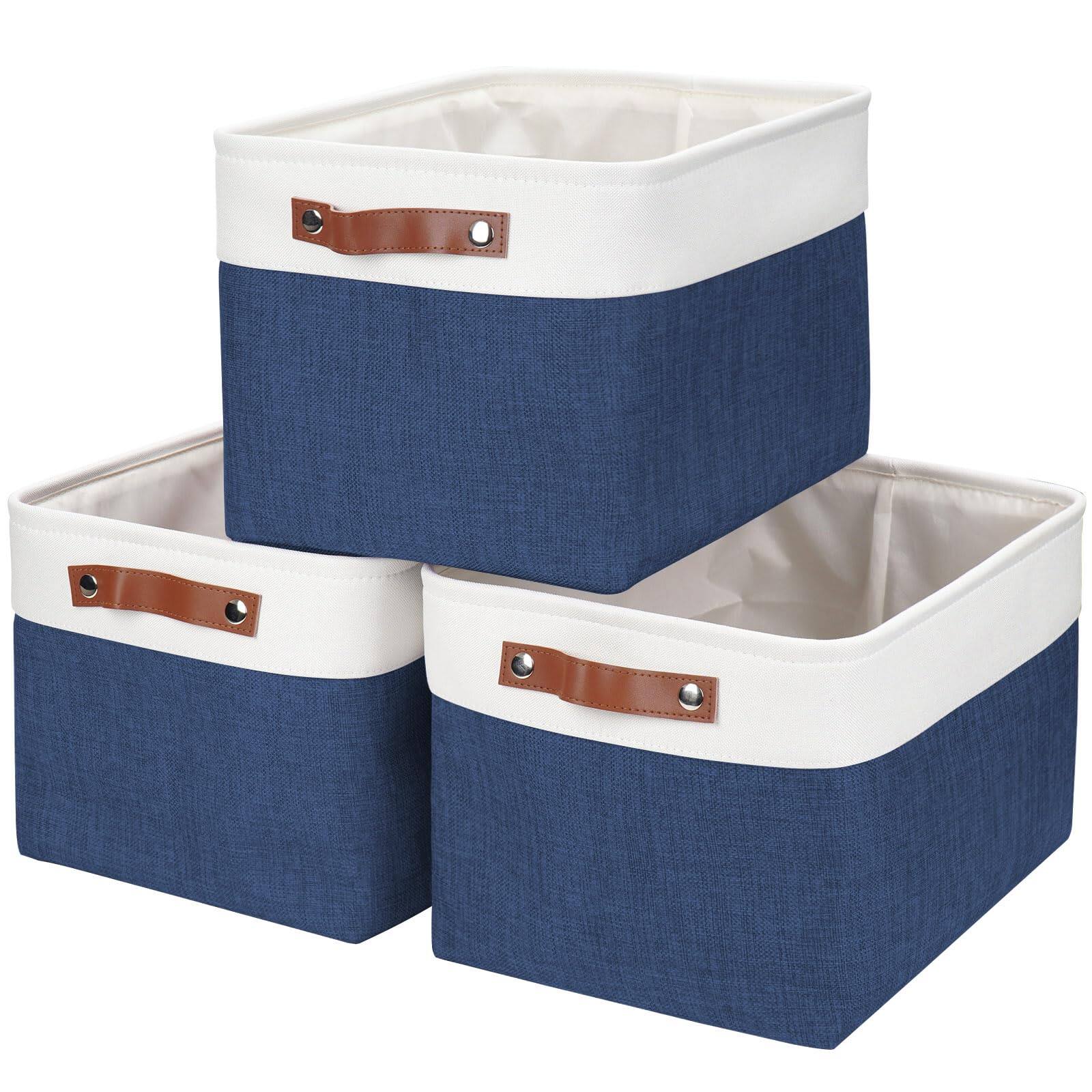 Alt View 1. Dapper Styles - Storage Bins Fabric Baskets For Shelves Decorative Linen Closet With Handles Organizing Shelf Clothes Home ... - NavyBlue / Off-White-Large -15"x11"x9.5".
