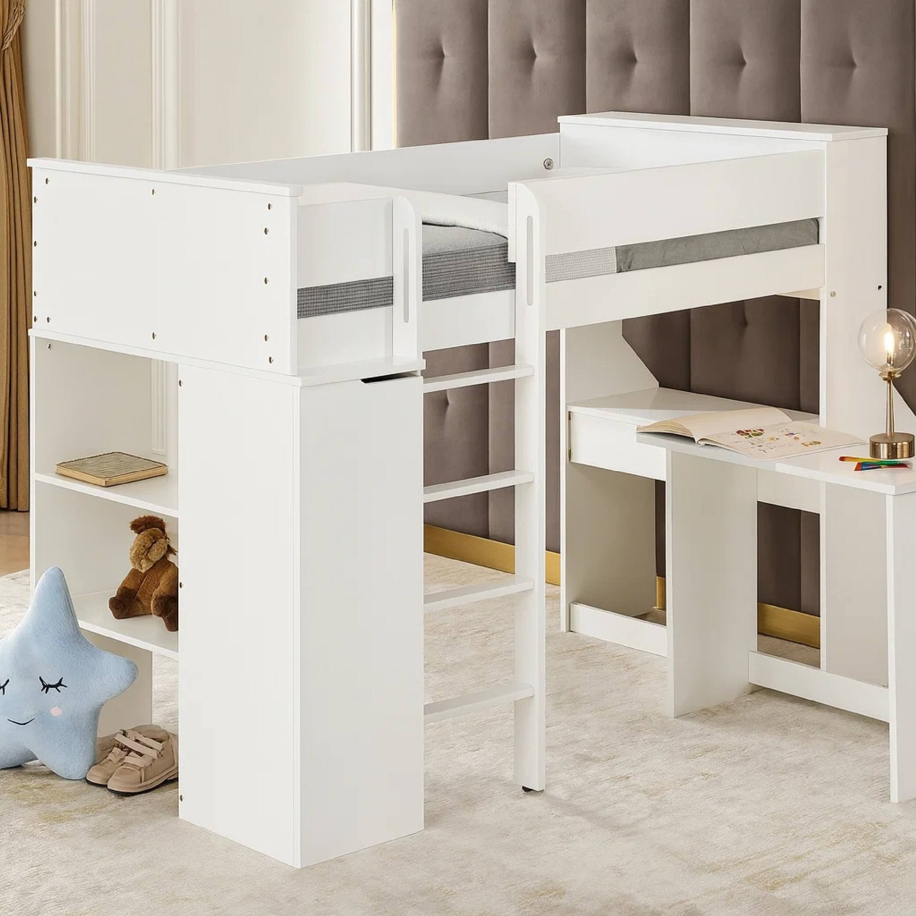 Alt View 5. Manhattan Lane - Wooden Twin Size Loft Bunk Bed with Workstation and Ladder, White - White.