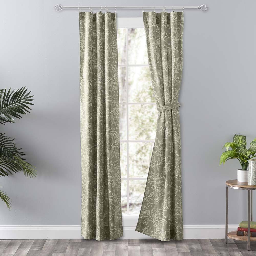 Angle. Ellis Curtain - Ellis Curtain Lexington Leaf Pattern on Colored Ground Curtain Pair with Ties 56"x84" Sage - Sage.