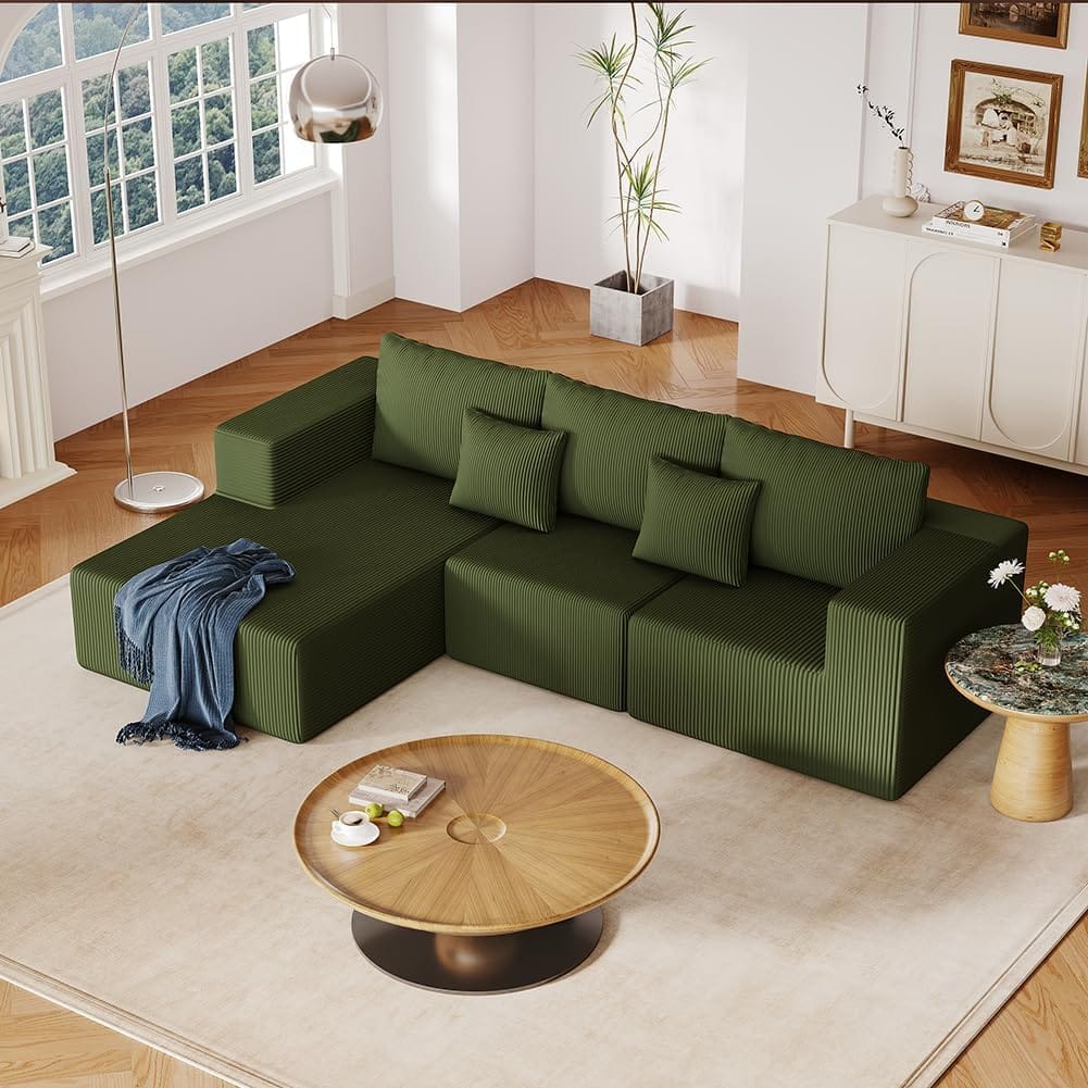 Trinkets Crazed - 108.3in Sectional Foam Couch, Corduroy Fabric L Shape Sofa with Chaise Lounge - Green