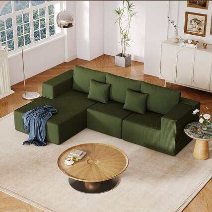 Front. Trinkets Crazed - 108.3in Sectional Foam Couch, Corduroy Fabric L Shape Sofa with Chaise Lounge - green.