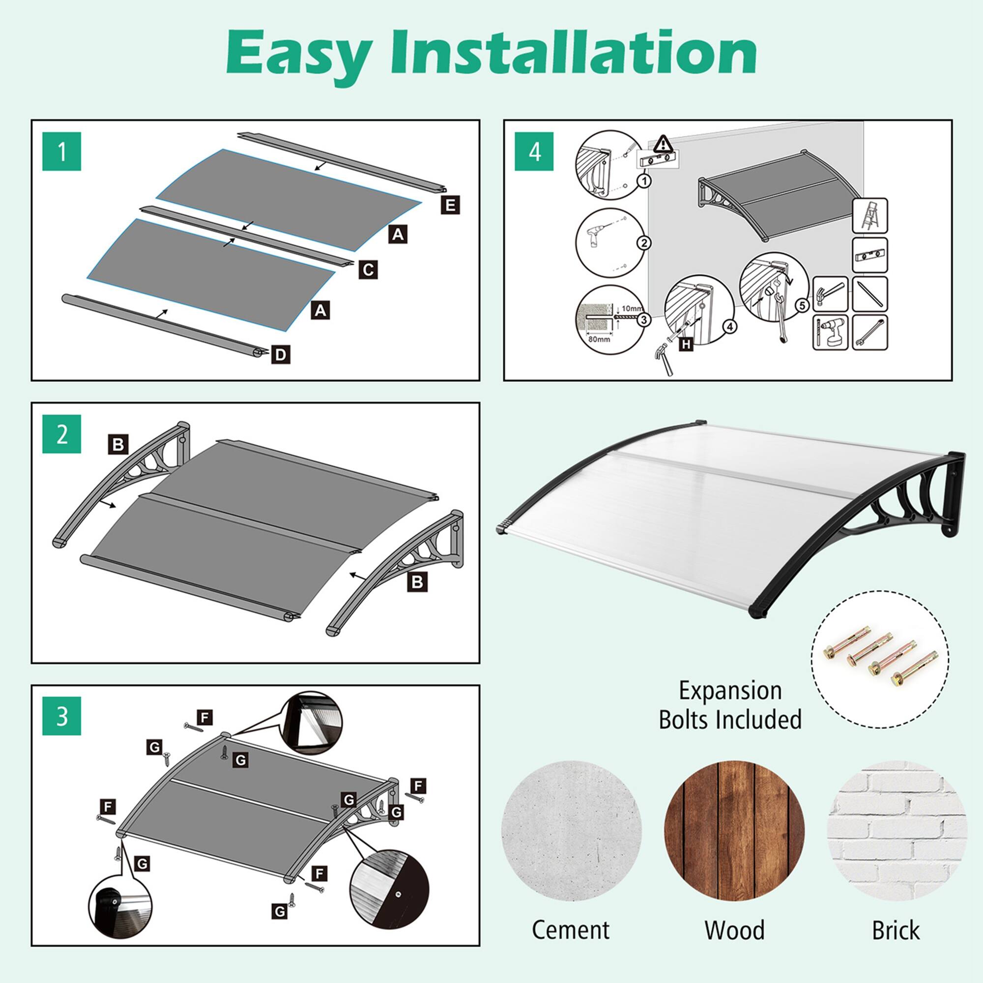 Easy Installation

1. A, C, D, E
2. B
3. F, G
4. H

Expansion Bolts Included

Cement, Wood, Brick