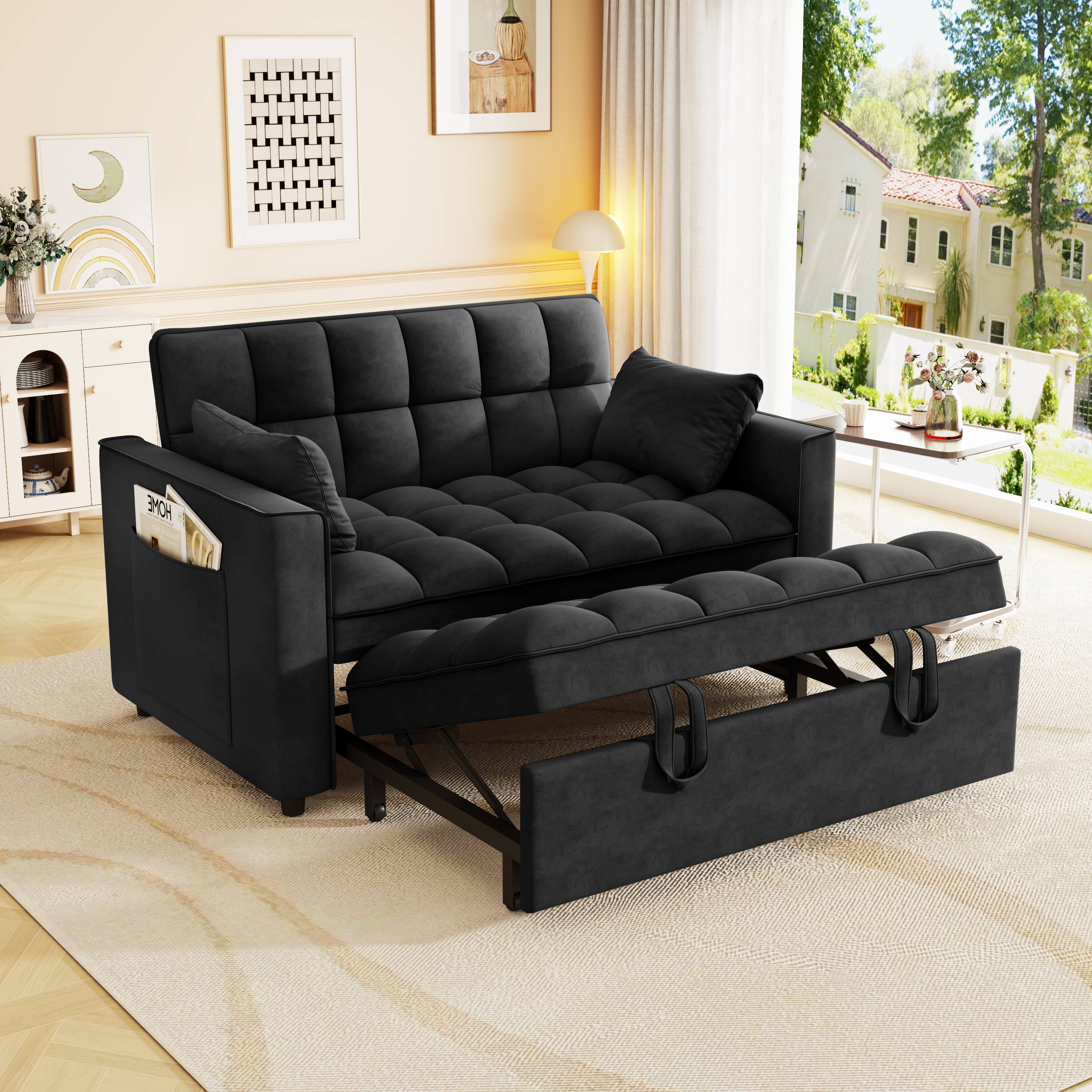 Left. Anysun - Modern Velvet Convertible Sleeper Sofa Bed with Pull-Out Bed, Pillows & Side Pockets for Small Spaces - Black.