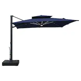 Mondawe - 10*10ft Patio Cantilever Umbrella Double Top with Detachable LED Light Strip and Base - Navy Blue