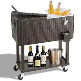 Winado - 80QT Rolling Ice Chest, Portable Patio Party Bar Drink Cooler Cart, with Shelf, Beverage Pool Bottle Opener for Outdoor - Brown