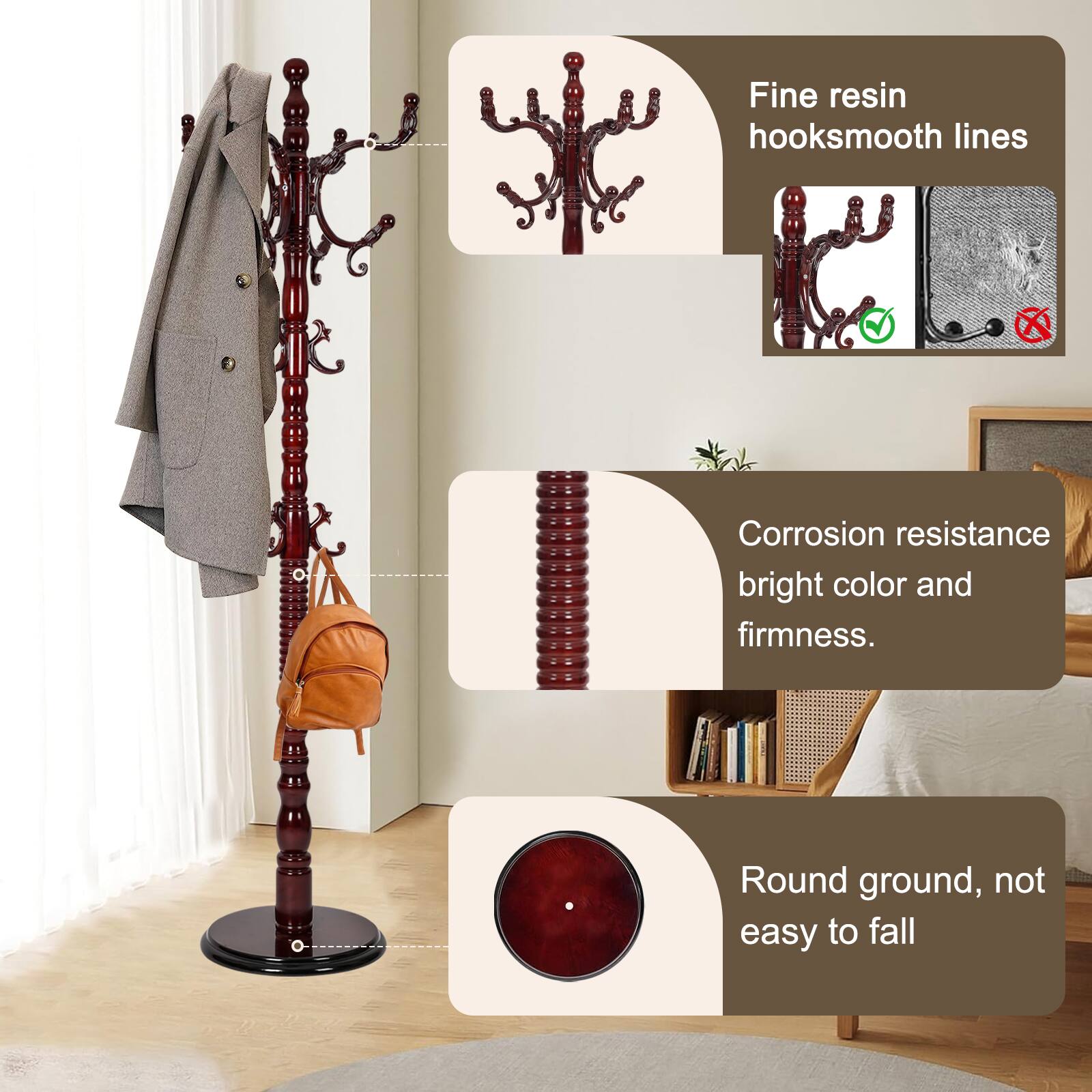 Alt View 3. Chateau Abodes - Solid Wood Coat Rack, Free Standing Hall Coat Tree with 14Hooks, 3 Height Options, 300lbs Load, Stury Base - Rosewood.