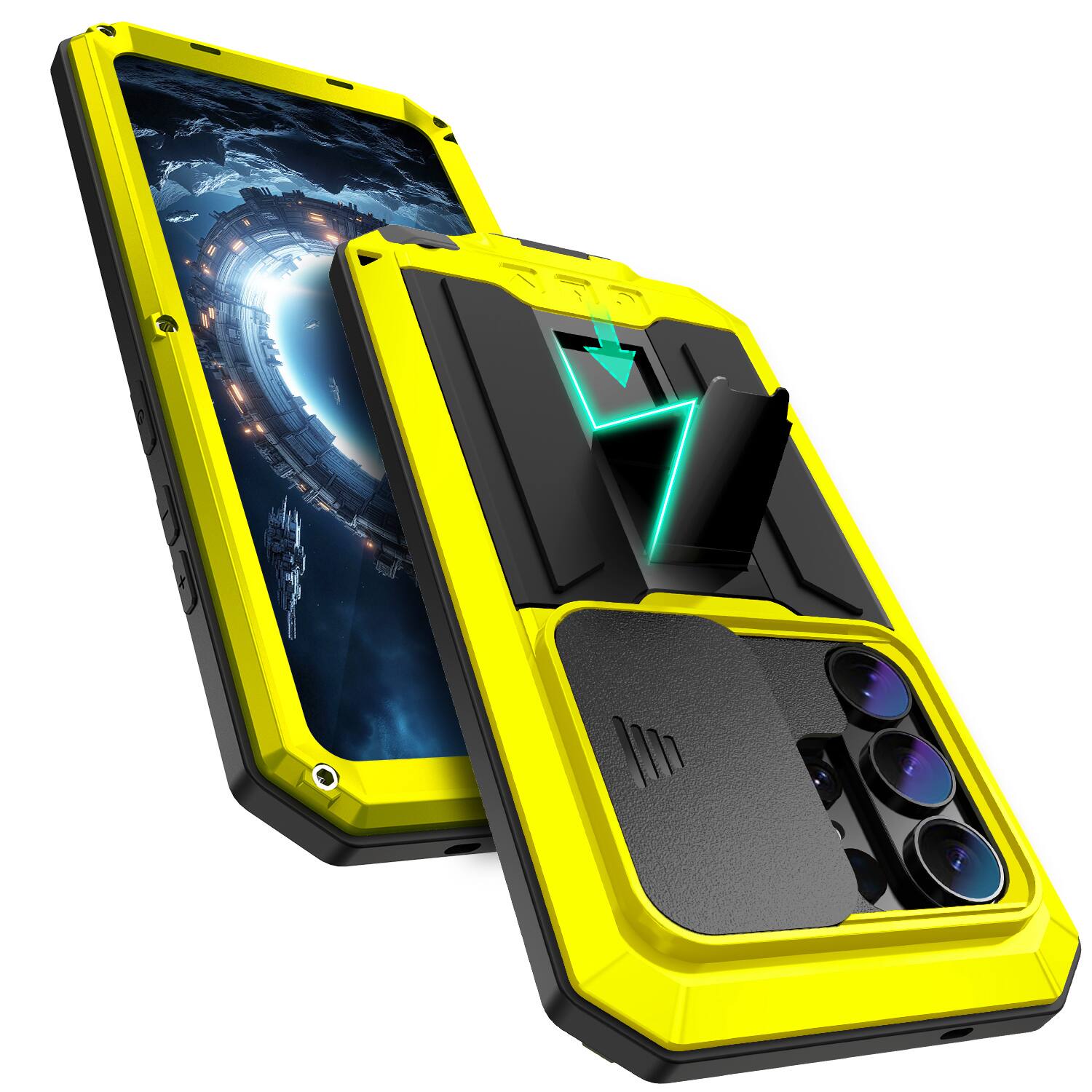 Left. UUCOVER - Rugged Heavy Duty Case for Samsung Galaxy S26 Ultra with Screen Protector Shockrpoof Metal+TPU Sliding Lens Stand Cover - Yellow.