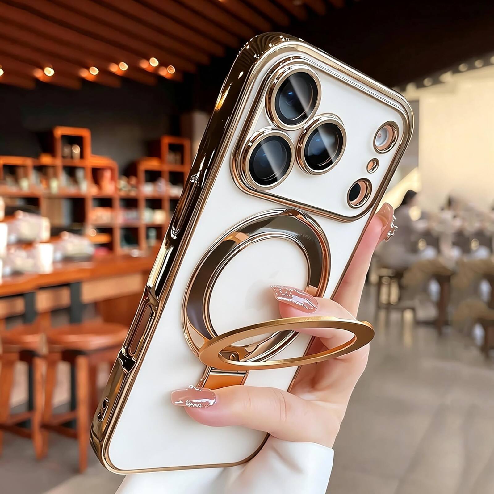 Angle. UUCOVER - Magnetic Case for iPhone 18 Pro Max,Shockproof TPU+PC Clear Case Ring Stand Compatible with MagSafe Camera Lens Cover - Gold.