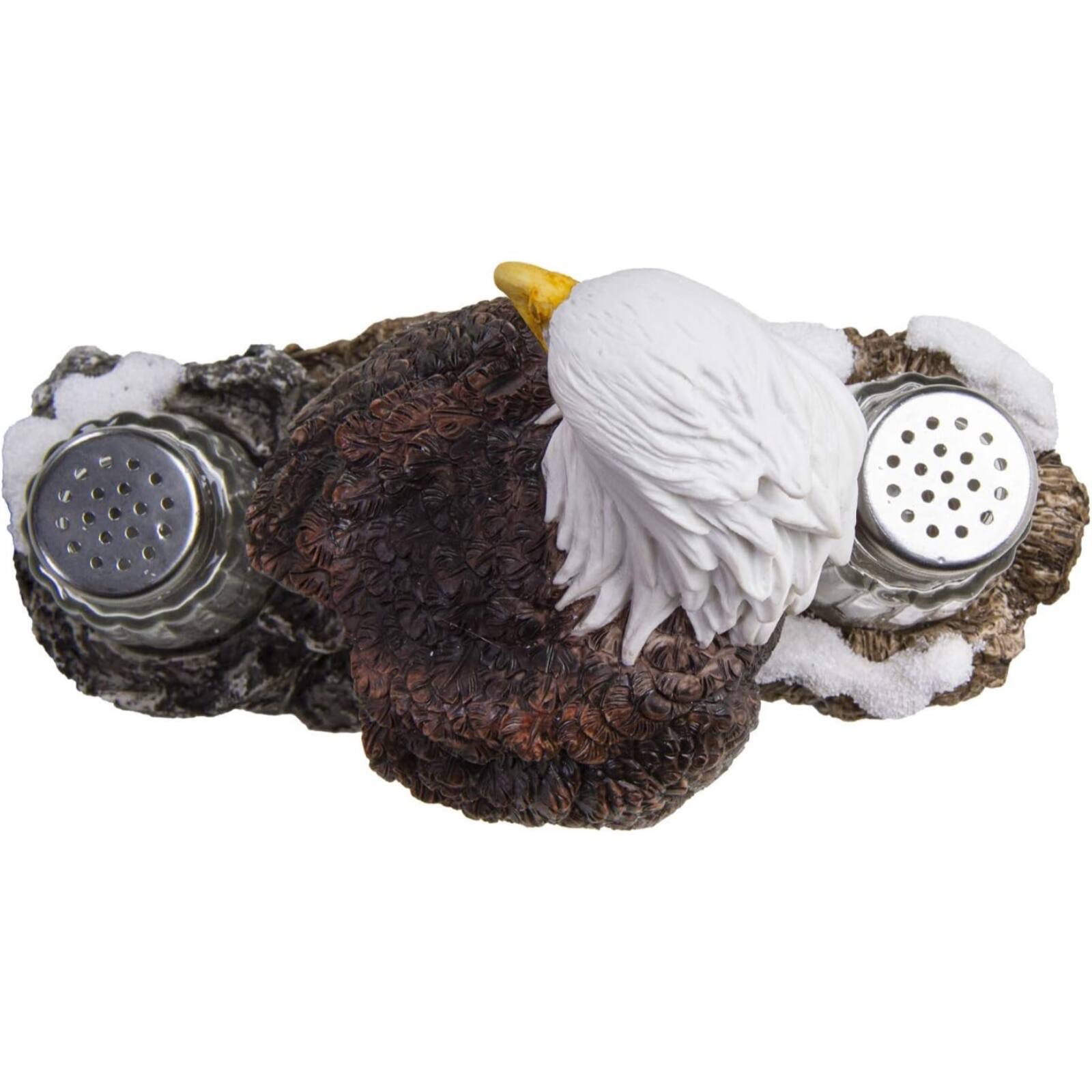 Angle. Pacific Trading - American Bald Sea Eagle Spiritual Realistic Decorative Glass Salt and Pepper Shakers Set with Resin Holder Stand - Multicolor.