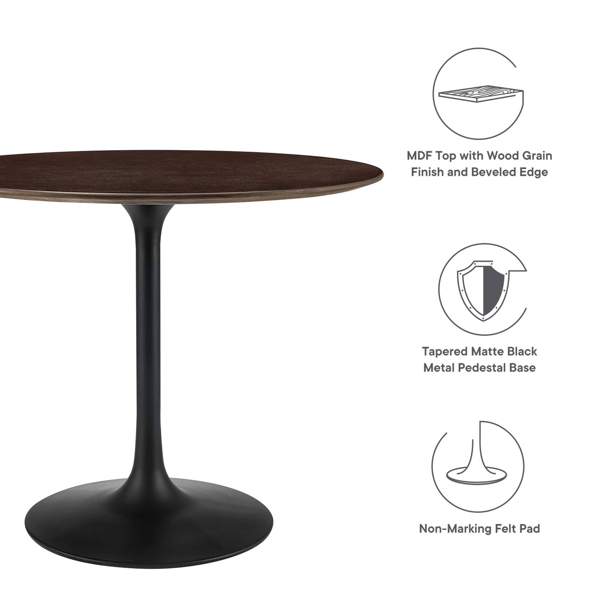 MDF Top with Wood Grain Finish and Beveled Edge  
Tapered Matte Black Metal Pedestal Base  
Non-Marking Felt Pad