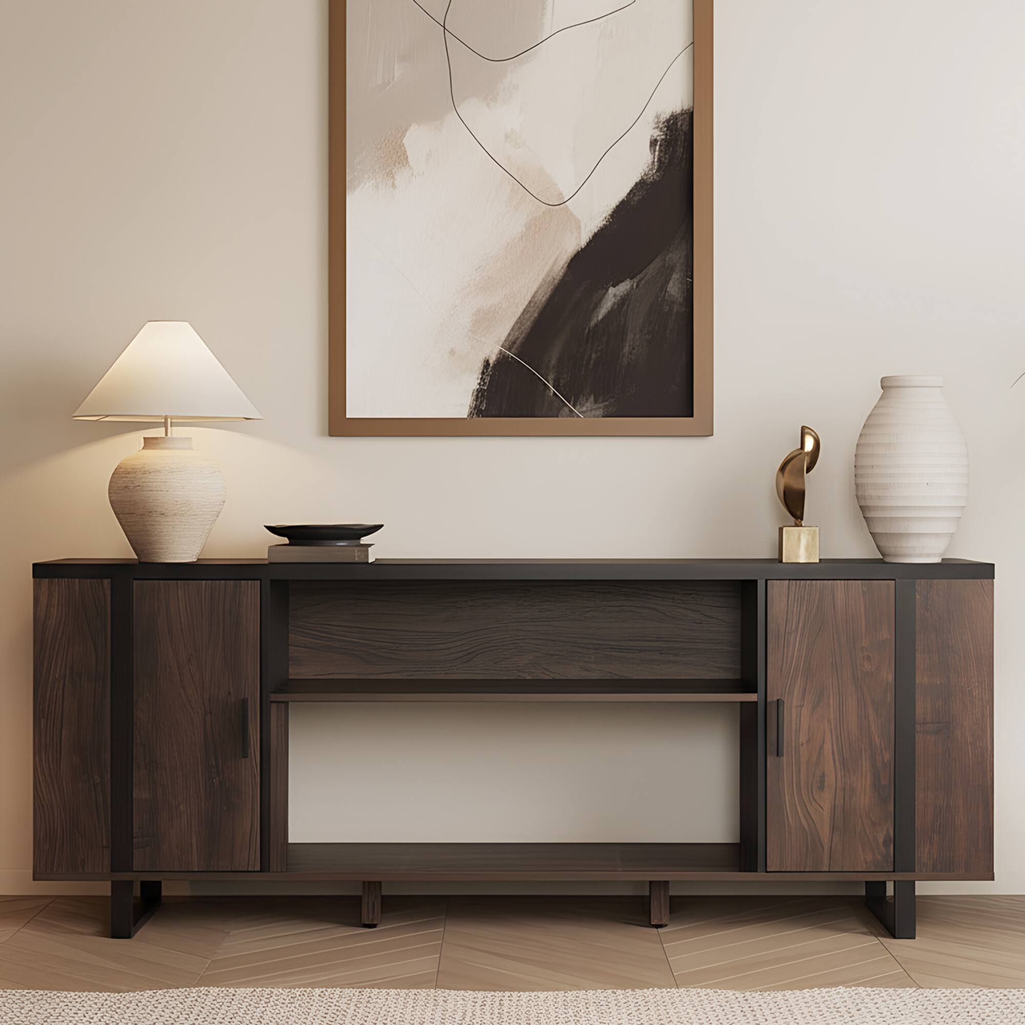 Left. Ihomeadore - 72" Farmhouse TV Stand with Open Storage Shelves and Cabinets for TV up to 80" - Brown.