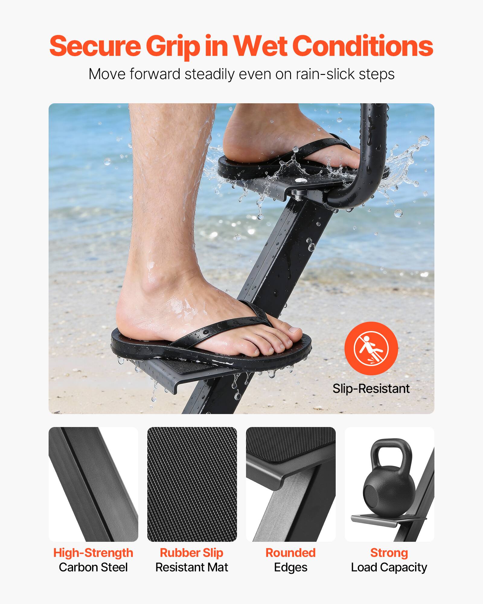 Secure Grip in Wet Conditions  
Move forward steadily even on rain-slick steps  

- Slip-Resistant  
- High-Strength Carbon Steel  
- Rubber Slip Resistant Mat  
- Rounded Edges  
- Strong Load Capacity