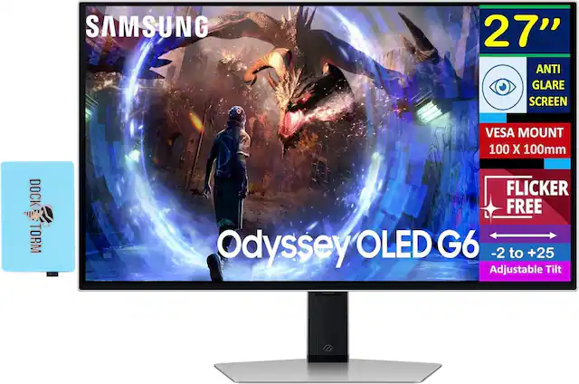SAMSUNG 27" ANTI GLARE SCREEN VESA MOUNT 100 X 100mm DOCK TORM FLICKER FREE Odyssey OLED G6 -2 to +25 Adjustable Tilt