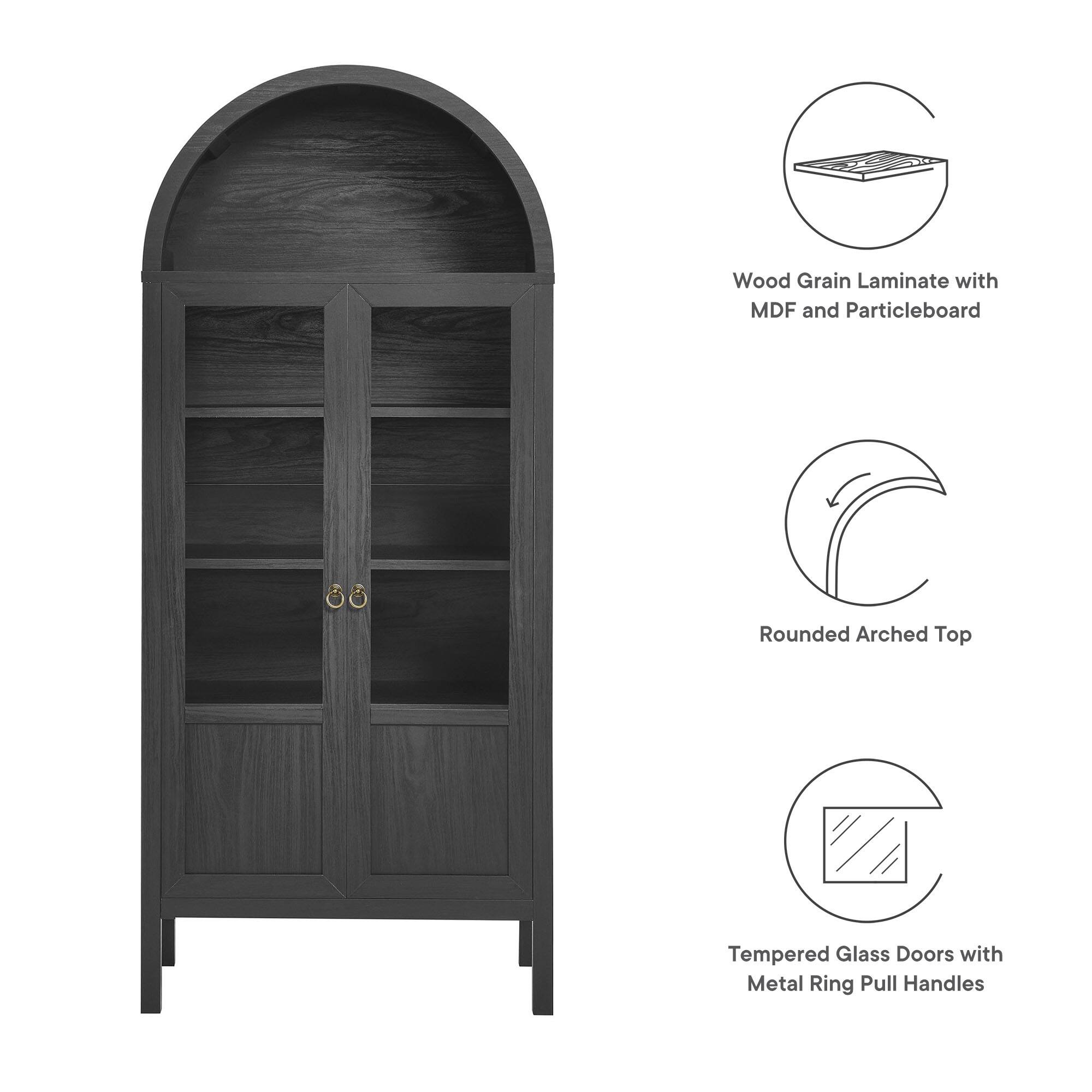 Wood Grain Laminate with MDF and Particleboard  
Rounded Arched Top  
Tempered Glass Doors with Metal Ring Pull Handles