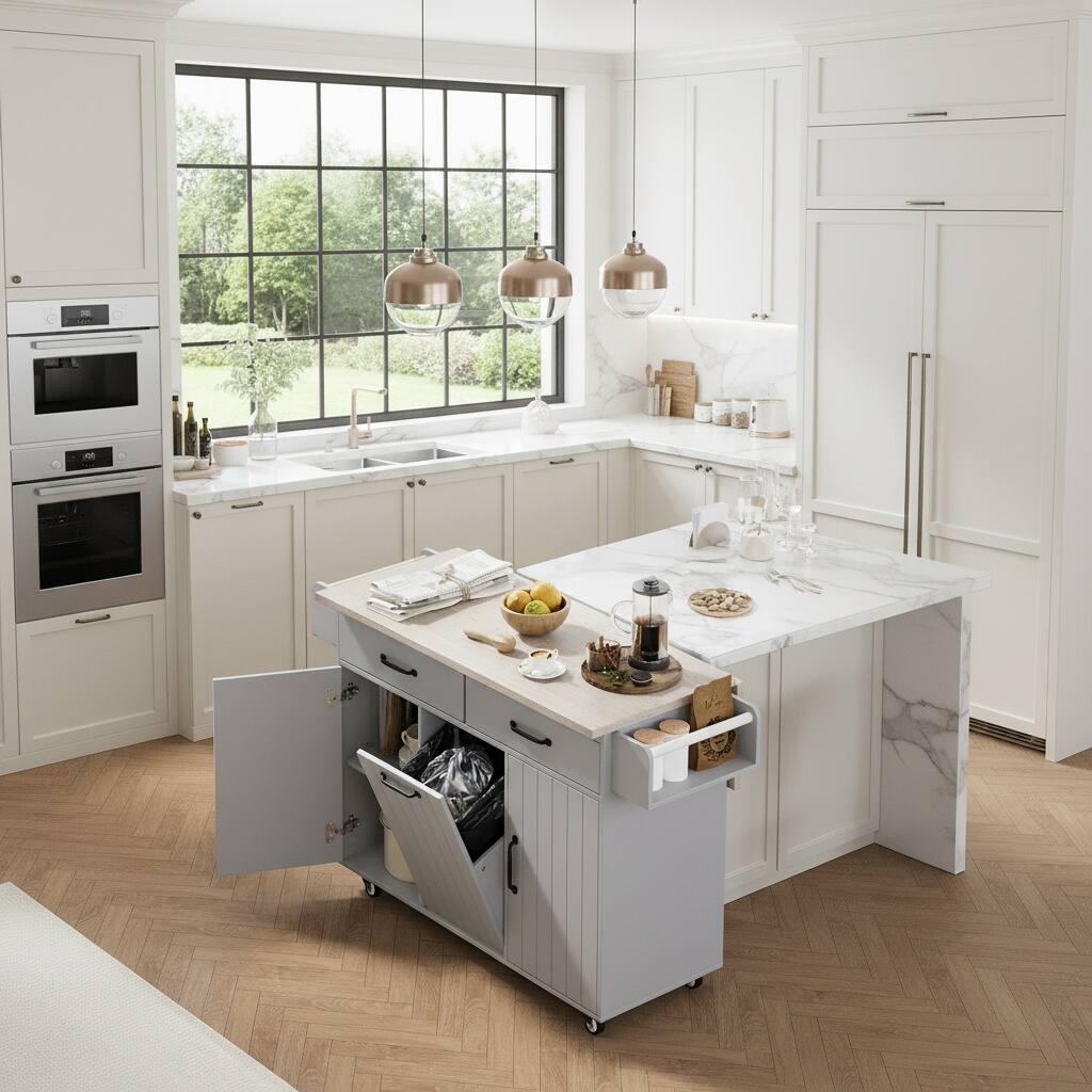 Left. Forest'nSky - Kitchen Island with Trash Can Storage & Drop Leaf – Rolling Cart with Spice Rack, Towel Rack, Grey - Grey.