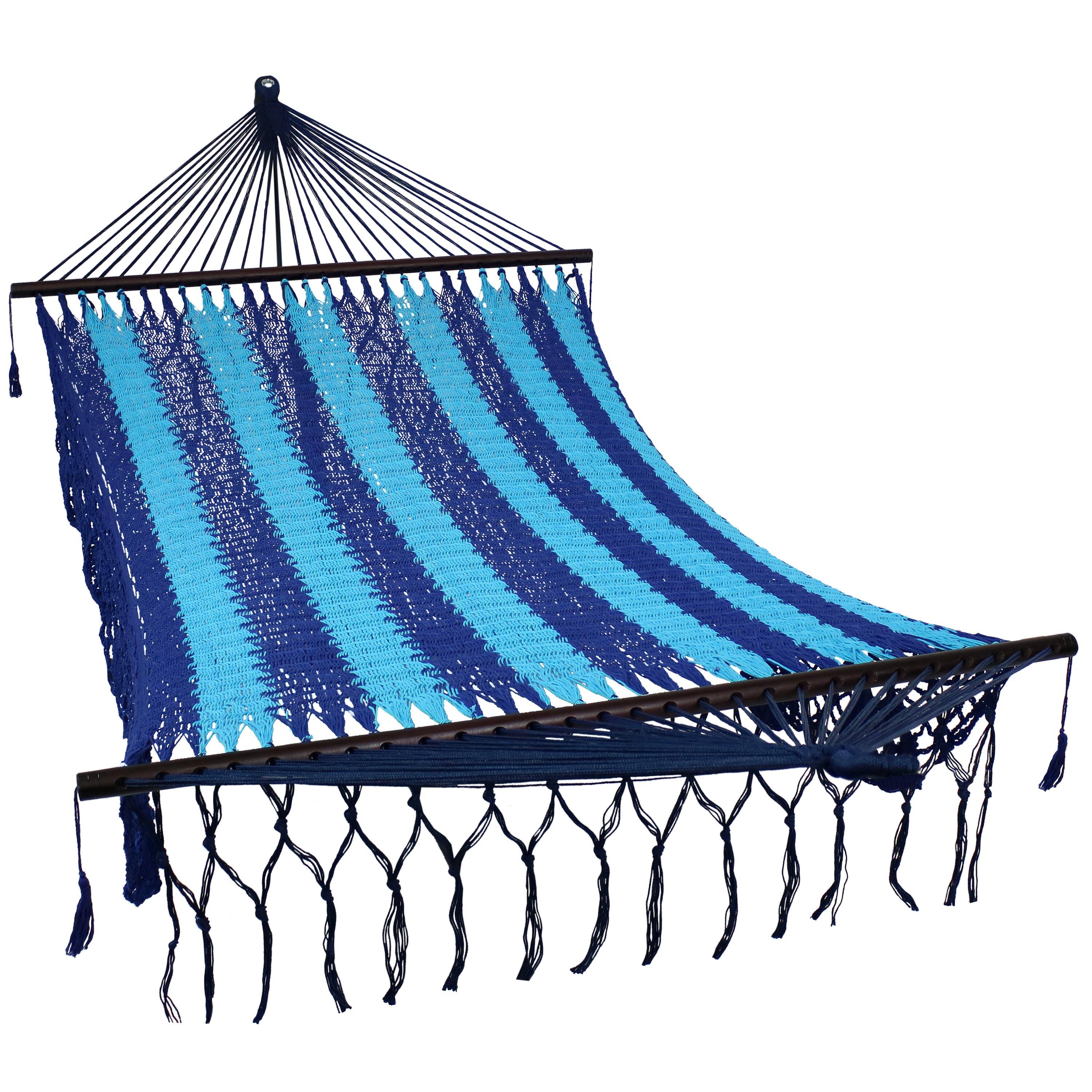Front. Sunnydaze - 2-Person Woven Rope Hammock with Spreader Bars and Fringe - Blue.