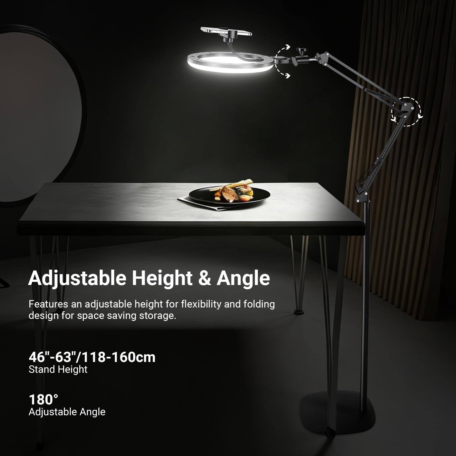 Adjustable Height & Angle

Features an adjustable height for flexibility and folding design for space saving storage.

46"-63"/118-160cm Stand Height

180° Adjustable Angle