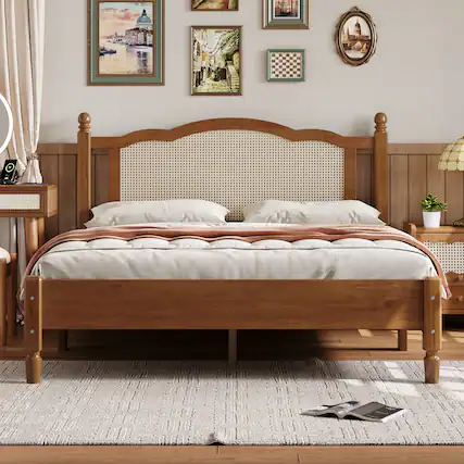 Front. GOODSILO - Vintage Rattan Headboard Queen Size Platform Bed Frame with Wooden Slat Support - Walnut.